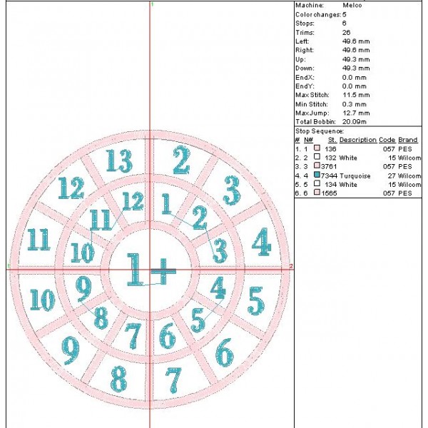 Addition table wheel maths from 1 to 20 embroidery design 5x7 sizes
